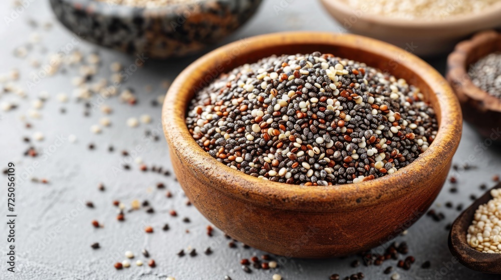 Bowl of quinoa and chia seeds on a clean white surface, representing healthy grain alternatives