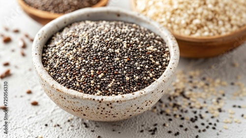 Bowl of quinoa and chia seeds on a clean white surface, representing healthy grain alternatives
