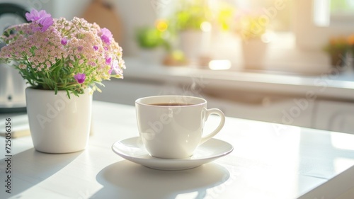 cup of coffee on the white table on the light kitchen in the morning on the summer flower background