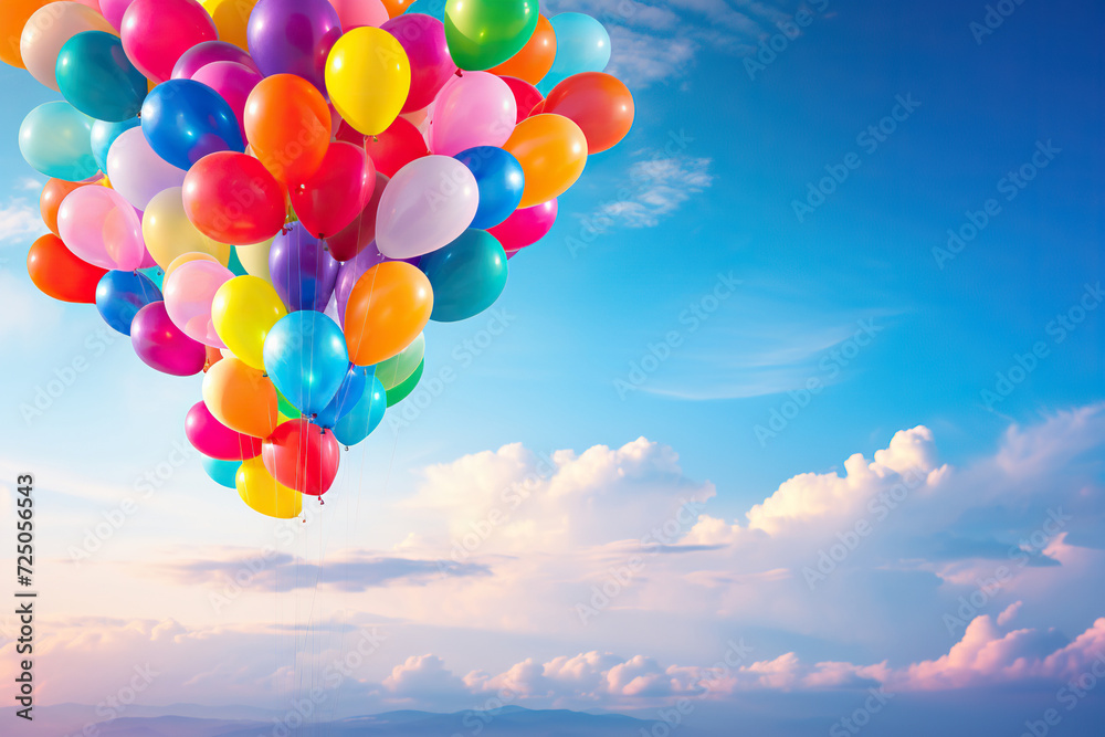 A large bunch of helium ballons straining on their strings against a sunny sky with white clouds.