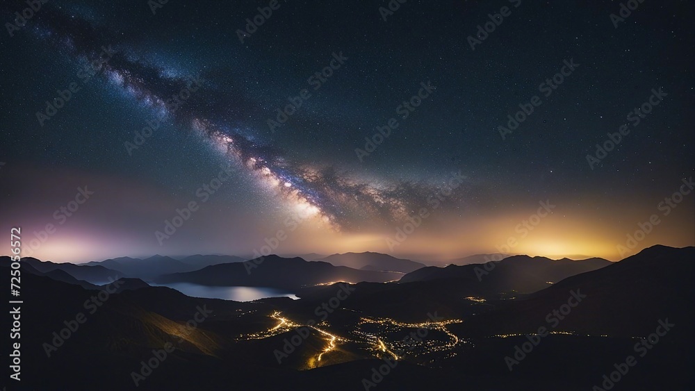 sunrise over the mountains  A night landscape with a colorful milky way and yellow light from the mountains. The stars are bright 