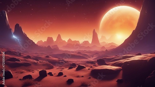 sunrise over the desert near black hole, Alien planet landscape for space game background. Vector cartoon fantasy 