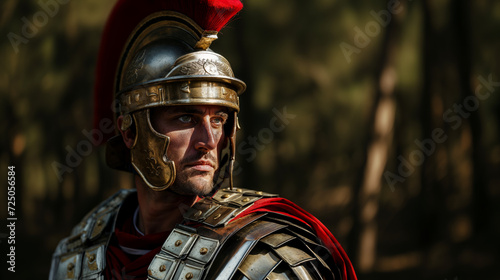 Man portraying ancient Roman soldier with detailed helmet and armor, red plume, gazing into distance with focused expression, set against blurred forest backdrop. photo
