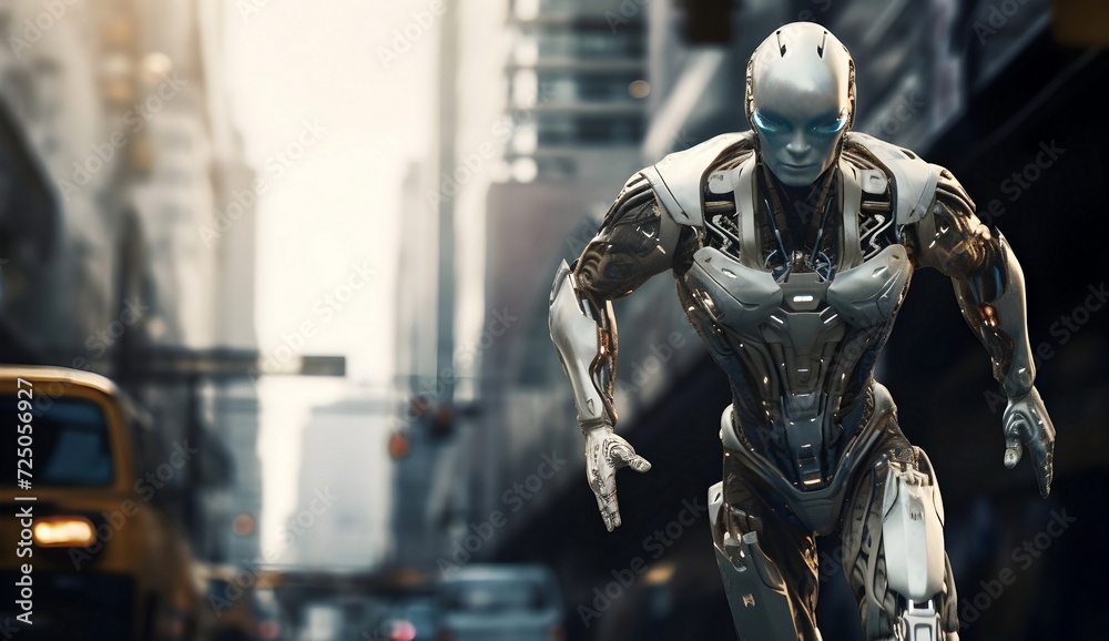 robot man run on city street, Generative AI robot man run on city street, Generative AI
