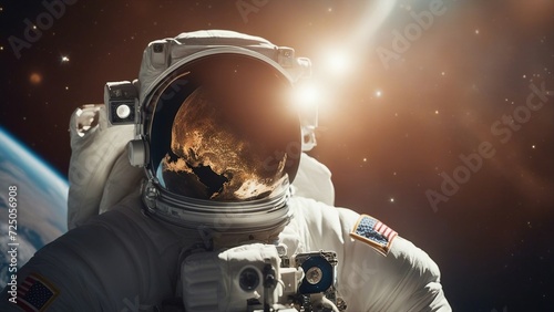 dj with headphones outer space view of an astronaut and the Earth. The image shows a close up and focused view 