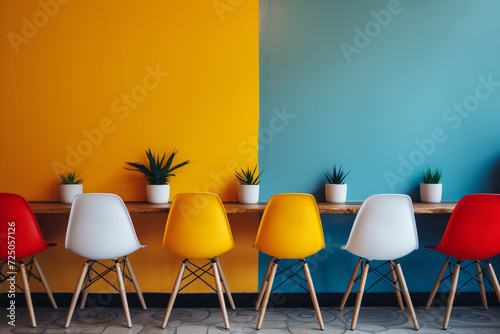 creative vibrant interior, design modern office, interior ideas concept. comercial space interior. corporate office space meeting modern colorful style interior design background, photo