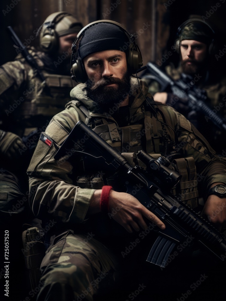 Portrait of a couple of soldiers in military uniform with assault rifle