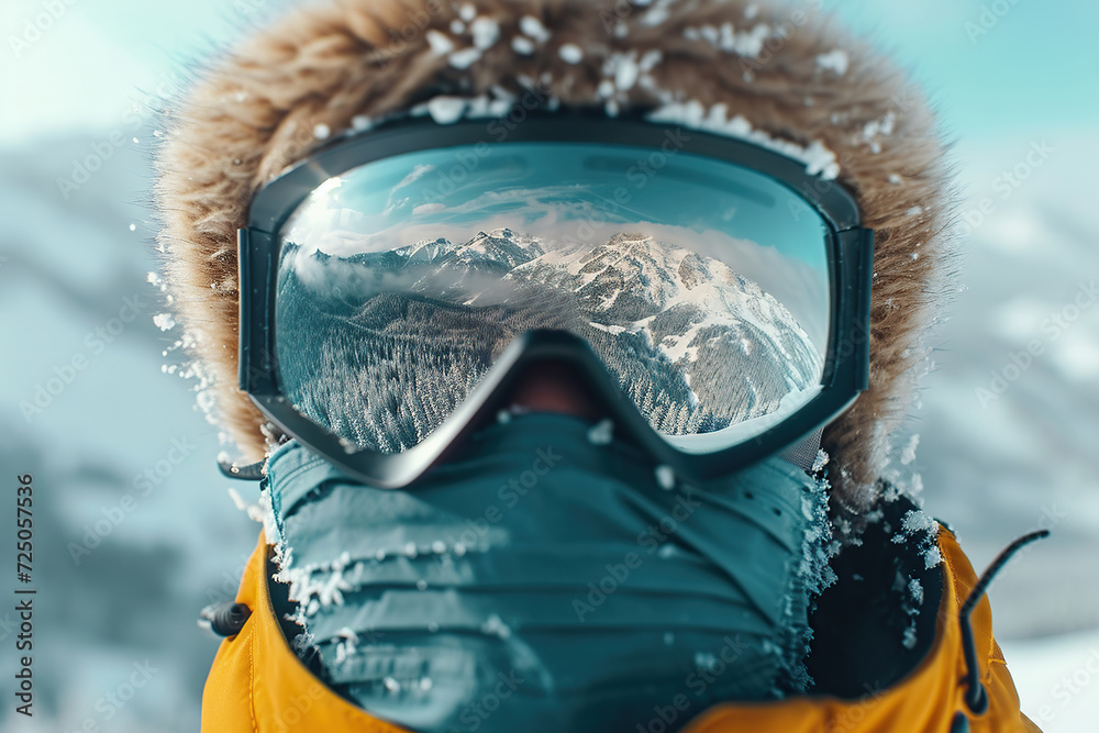Portrait of man in ski goggles with the reflection of snowed mountains. Winter sports
