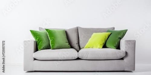 Grey sofa with green pillows on a white background in a studio.