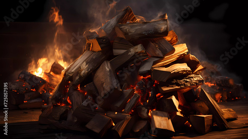 A pile of wood sitting on top of a fire