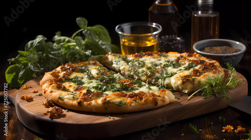 a pizza with cheese and herbs on a wooden platter