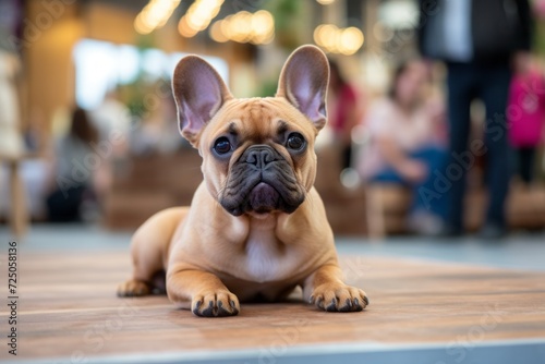 A French bulldog at a dog show, indoors with people. a pet on a blurry background. a breed of dog.