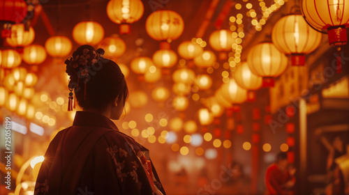 A chinese woman in ornate traditional dress observes a street adorned with hanging red lanterns, during a cultural - Generative AI