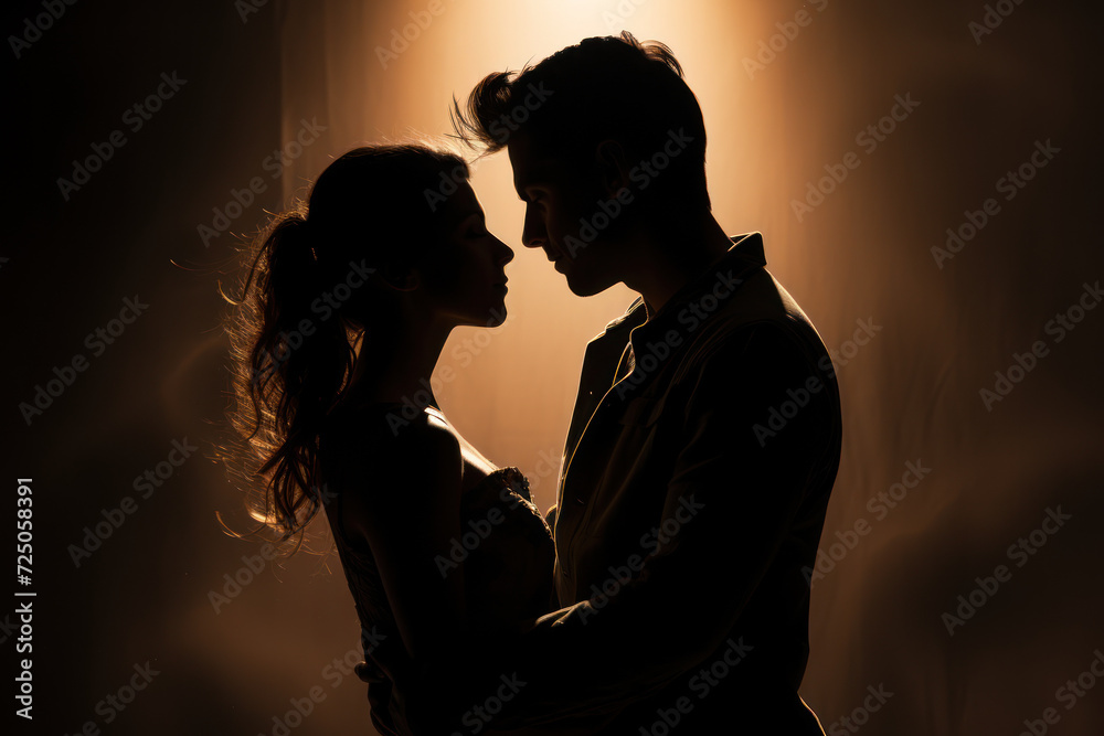 A young couple embraces passionately, their silhouettes against a simple background capturing the essence of love and intimacy. Concept of romantic connection. Generative Ai.