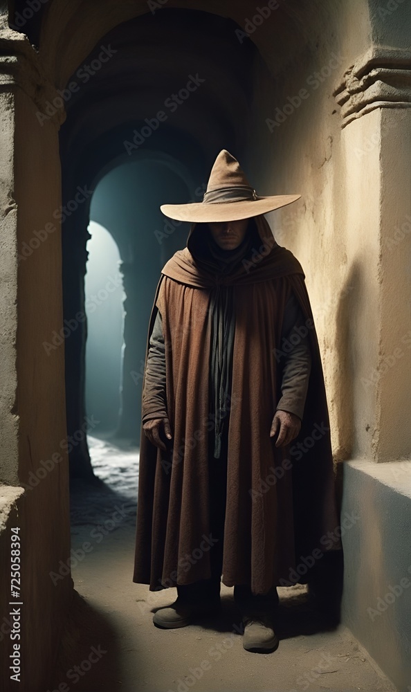 Naklejka premium A man in period garb, cloak and hat on his head against the background of a severely crumbling building