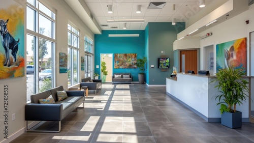 cozy reception area of a modern veterinary clinic that provides first-class care for your pets photo
