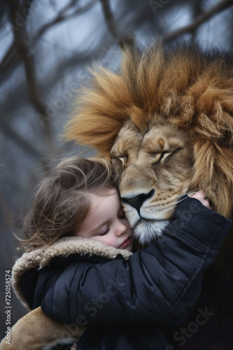 A young girl is embracing a lion in a tender hug. The image conveys a serene and unlikely friendship between human and wild animal  suitable for themes of trust and harmony.