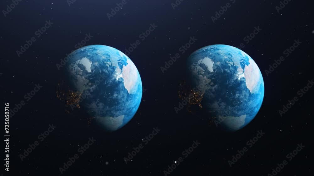 Parallel earth - Two planet earth in space spinning. Multiverse and parallel universe concept. Realistic 3d render animation