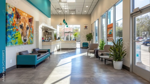 cozy reception area of a modern veterinary clinic that provides first-class care for your pets