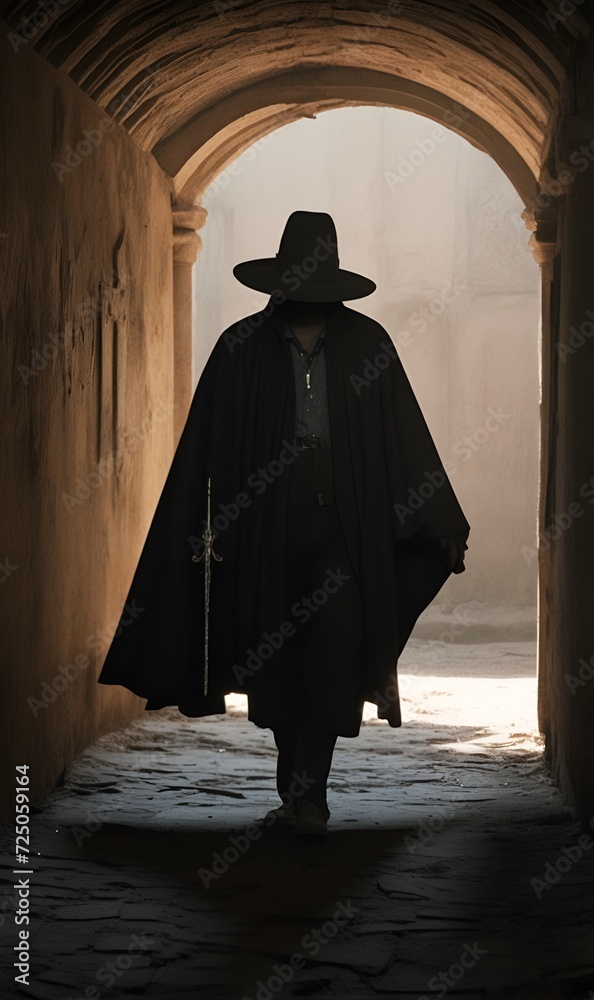 A man in period garb, cloak and hat on his head against the background of a severely crumbling building A man in period garb, cloak and hat on his head against the background of a severely crumbling building