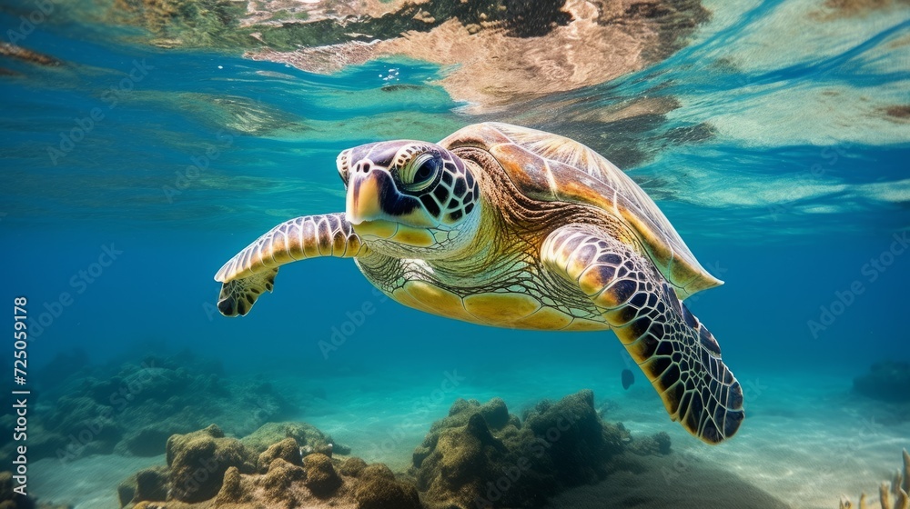 Obraz premium A large sea turtle swims in the ocean underwater.