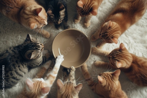 kittens forming a circle around an empty bowl, top view. hungry cubs. photo