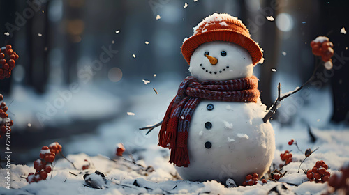 a snowman with a red scarf and hat