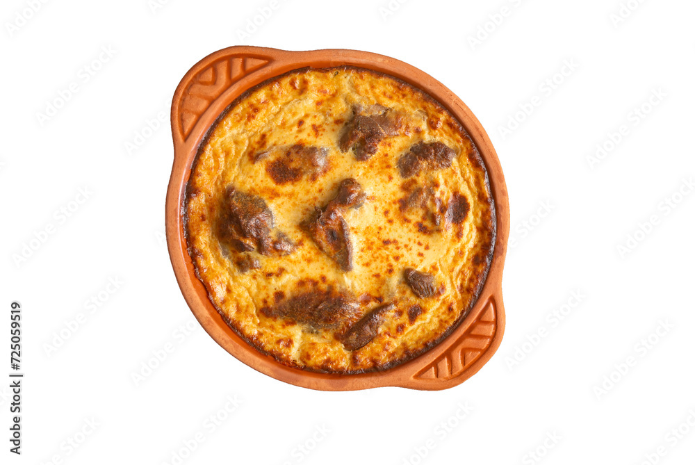 Tave kosi is a national Albanian dish of baked lamb and rice with yoghurt close-up in a pan on the table. horizontal top view from above. Turkish name; Elbasan tava - obrazy, fototapety, plakaty 