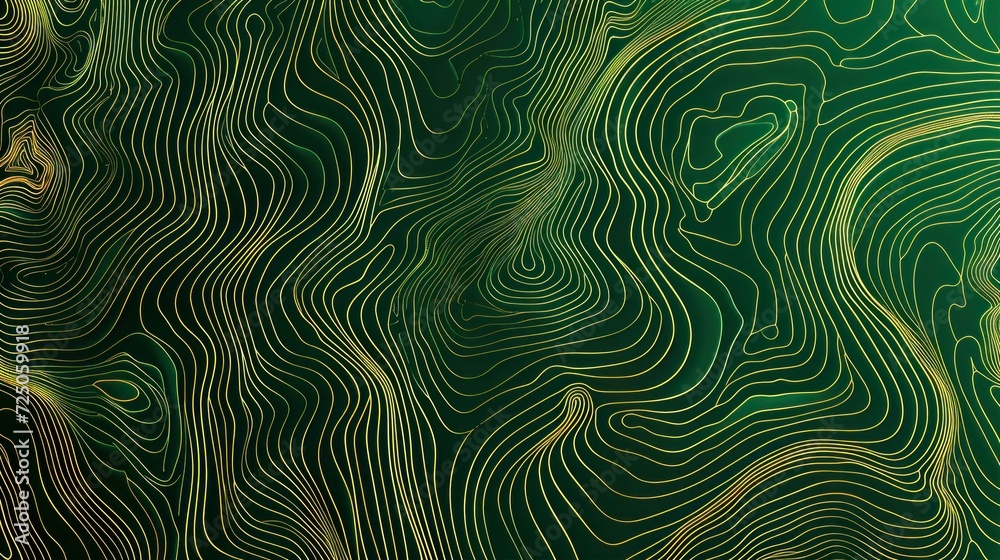 Abstract gold topographic lines on a green background. Golden line waves topographical design. Geographic mountain contours Vector Illustration