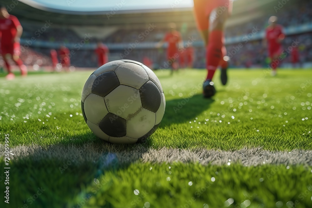 Soccer ball on a bright field with players in the background, capturing the anticipation before a pivotal moment in the game.

