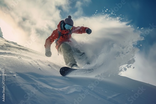 Snowboarder carving a wave of powder snow, embodying freedom and thrill in backcountry snowboarding.

 photo