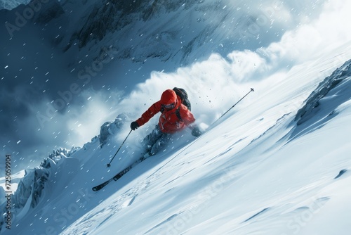 Skier in red descending a snow-covered mountain, showcasing extreme winter sports and alpine agility amidst a blizzard.