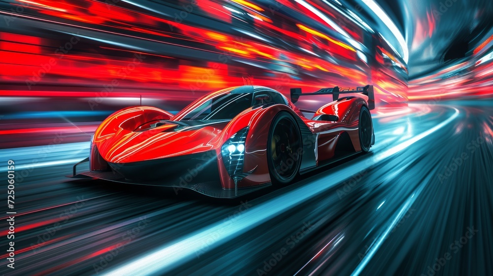 Automobile, Sports race car ready to take on new challenges. Speed and velocity, victory and winning concept. Sports racing car in perspective angle with motion blur background