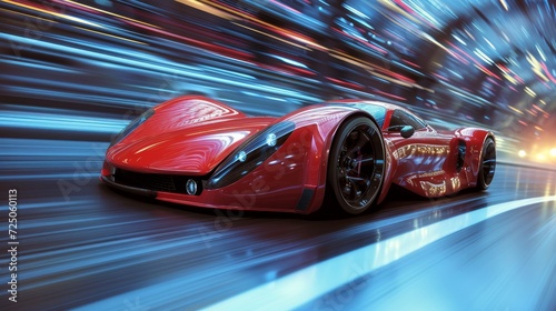 Automobile, Sports race car ready to take on new challenges. Speed and velocity, victory and winning concept. Sports racing car in perspective angle with motion blur background photo