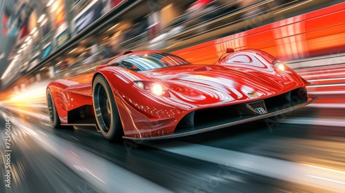 Automobile, Sports race car ready to take on new challenges. Speed and velocity, victory and winning concept. Sports racing car in perspective angle with motion blur background