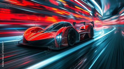 Automobile, Sports race car ready to take on new challenges. Speed and velocity, victory and winning concept. Sports racing car in perspective angle with motion blur background © Orxan