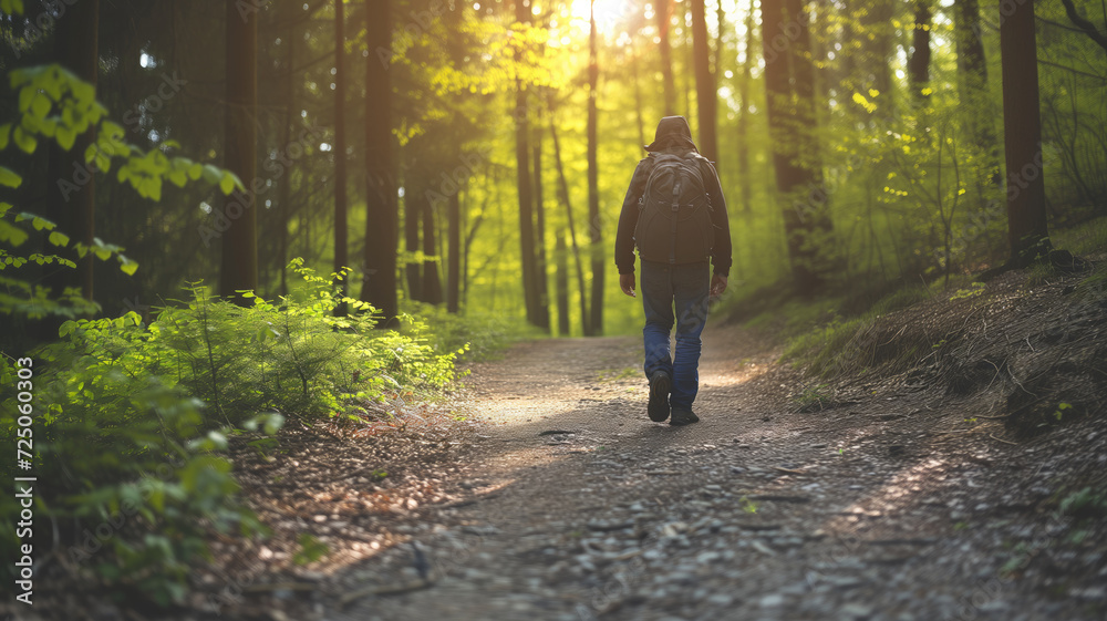 A lone hiker trekking through a sun-dappled forest on a serene trail