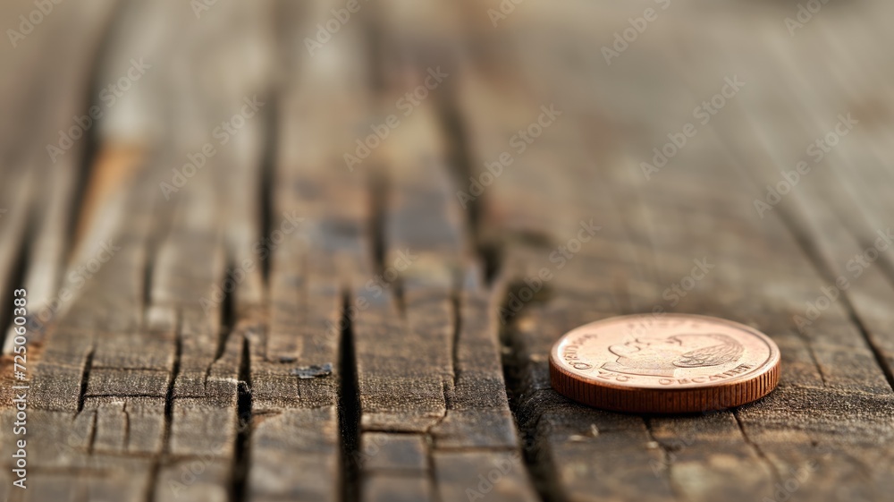 Shallow depth of field image of a single penny on rustic wood Shallow depth of field image of a single penny on rustic wood