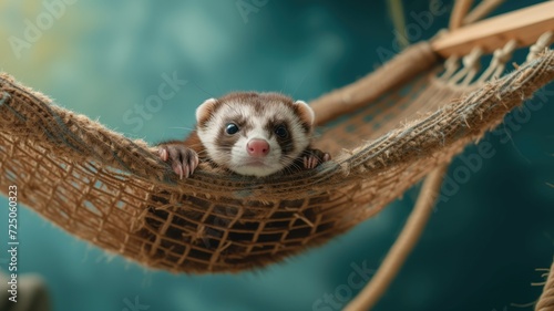 A cute ferret peeks out from a cozy hammock, against a teal background photo