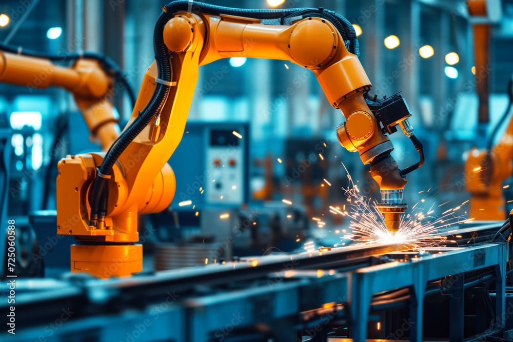 Robot arm is seen at work on welding production line in modern steel fabrication facility Generative AI