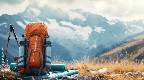 Backpack, trekking poles and sleeping mat in mountains, space for text. Tourism equipment photo