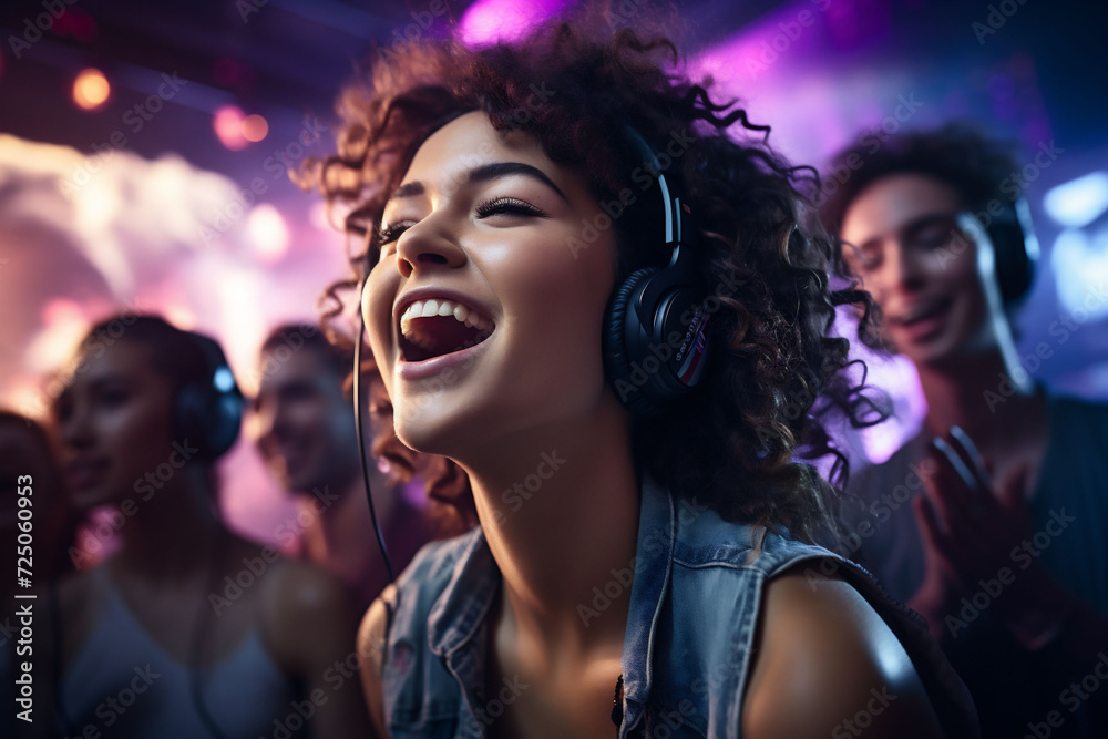 A joyful woman with curly hair enjoys music in headphones at a vibrant club. The atmosphere is energetic and joyful, entertainment, nightlife, silent disco.