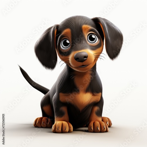 Friendly cheerful cartoon character 3d dachshund puppy illustration for children. Cute dachshund dog print on clothing, stationery, books, merchandise. 3D dachshund toy puppy. Funny pets.