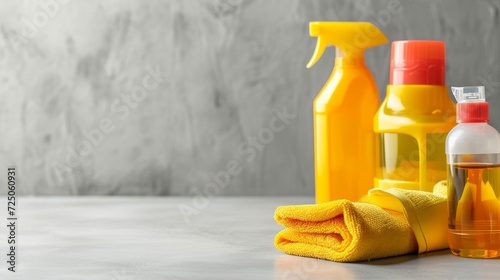 Car cleaning products, canisters with motor oil and microfiber fabric on light grey table. Space for text