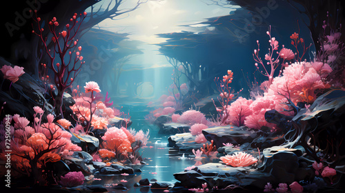 An underwater scene with corals and fish