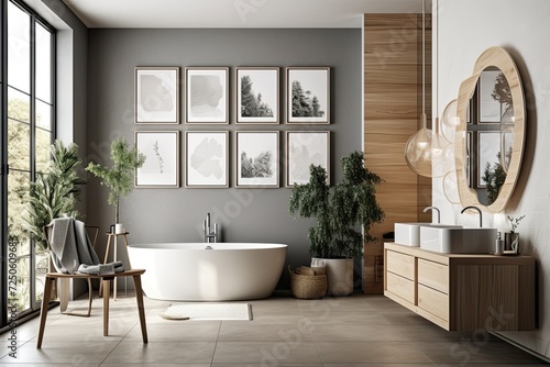 Interior design of a contemporary bathroom with photographs, a plant, a vase, and magazines