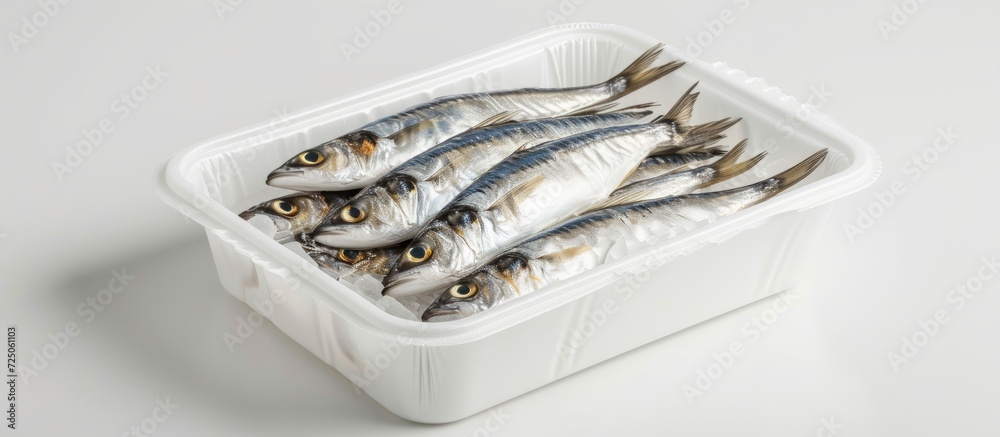 Isolated white plastic box with salted sprat. Isolated white plastic box with salted sprat.