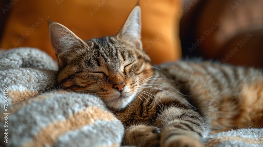 a close up of a cat laying on a couch with its eyes closed and it's head resting on a pillow. a close up of a cat laying on a couch with its eyes closed and it's head resting on a pillow.