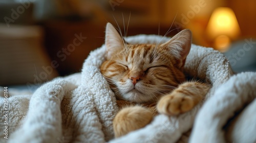  a close up of a cat laying in a bed with a blanket on it s head and eyes closed.