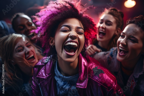  A woman with curly hair laughs joyously among friends at a club, with the group's elation palpable. youthful exuberance, perfect for themes of friendship and party, singing.
